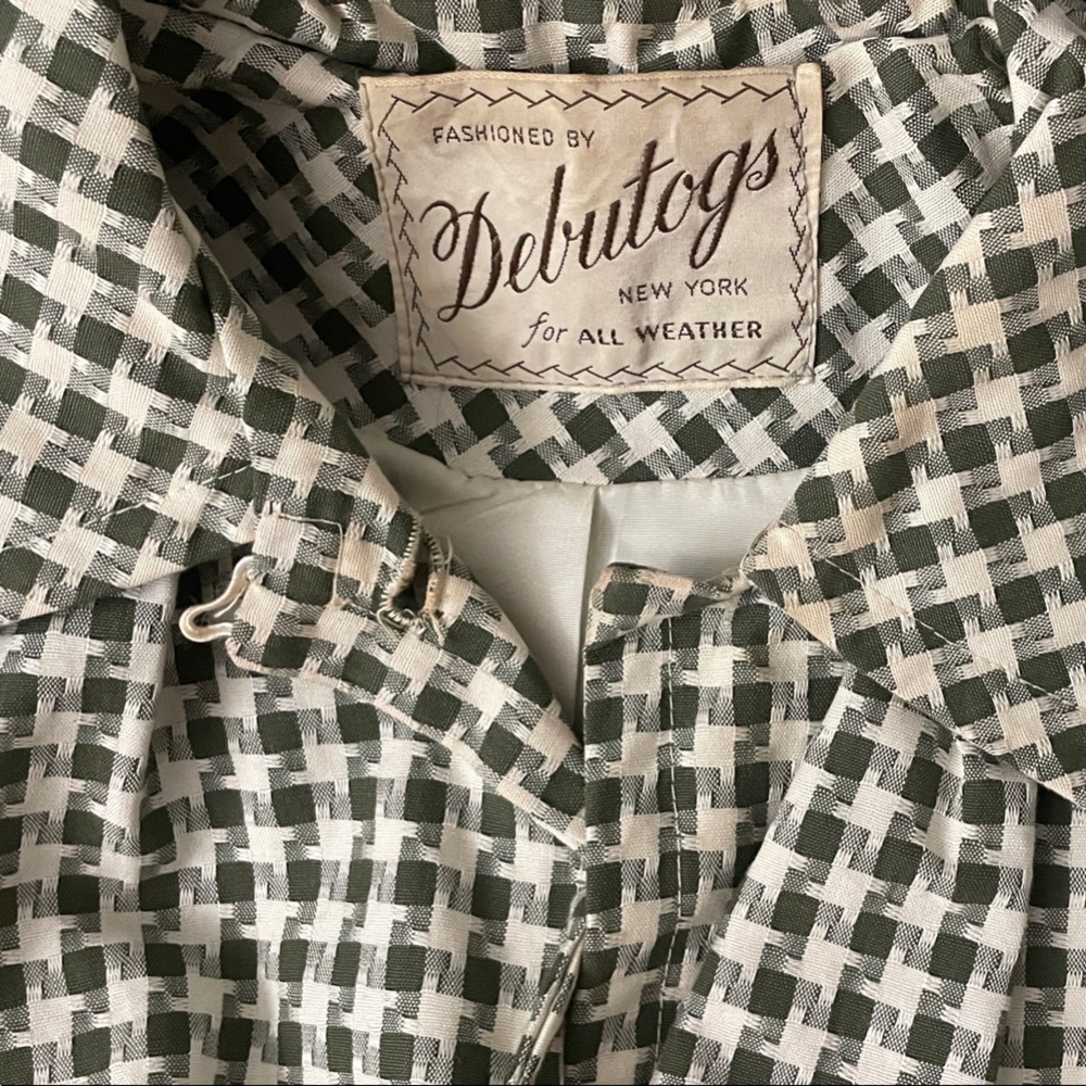 Vintage checkered swingcoat/trench, Drk olive green and white, pockets, GUC - Picture 13 of 13